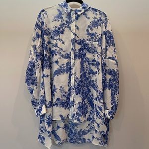 Topshop Blue + White Sheer Floral/Bird Blouse